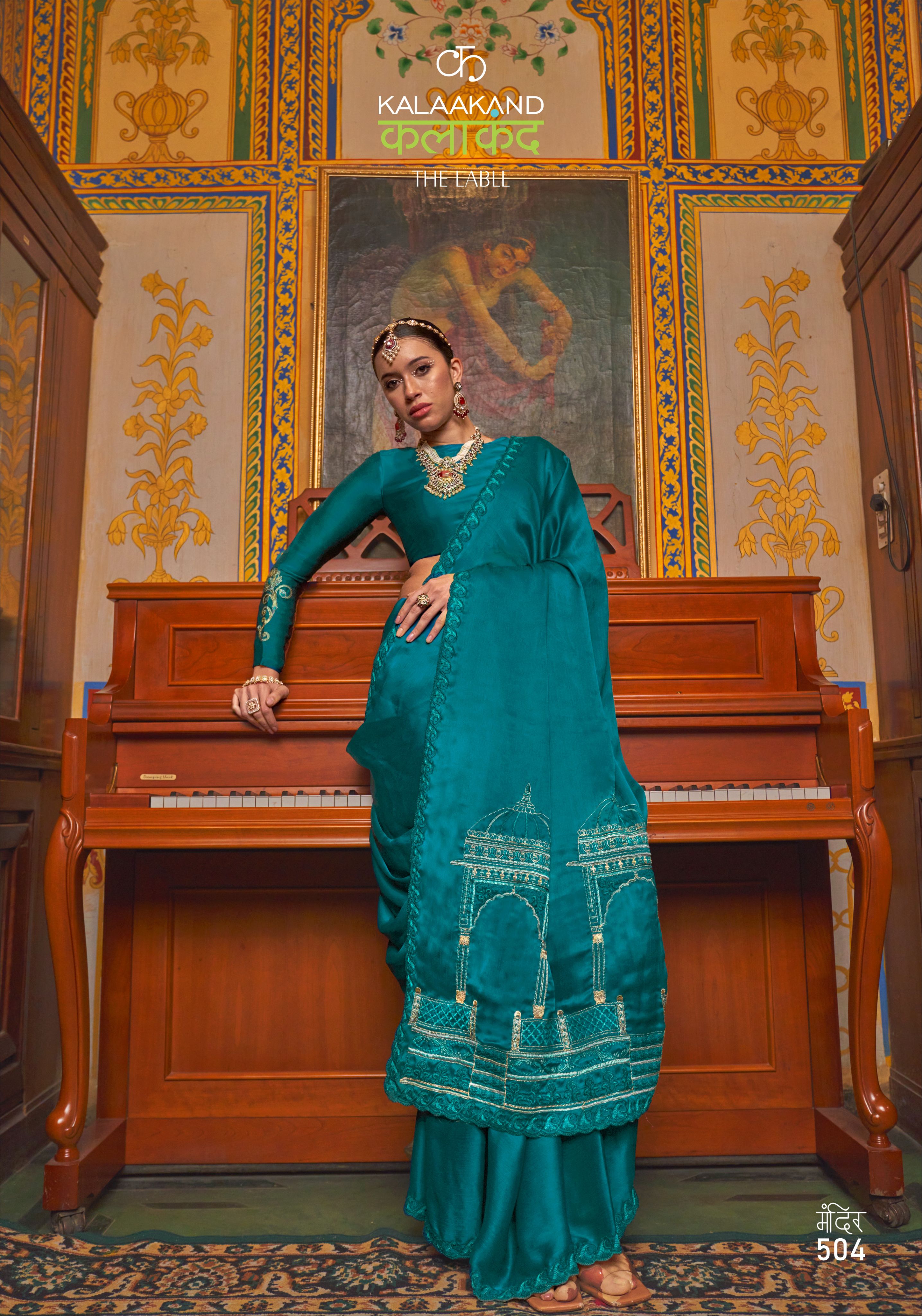 Teal Satin Chiffon Saree with Mandir Embroidery