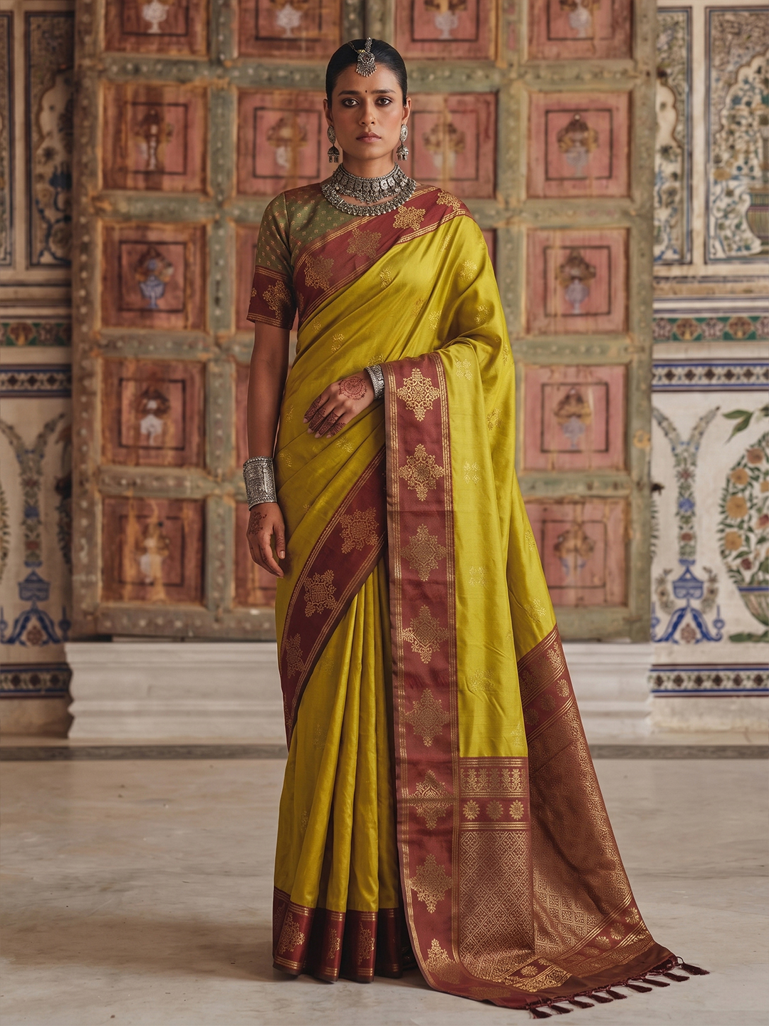 Mustard Yellow Silk Saree with Maroon Woven Border